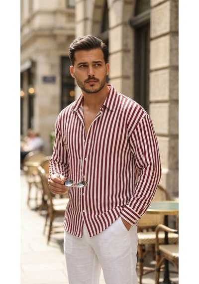 Etiler Collection Erkek Dikey Çizgili Yarım Oversize Gömlek Bordo