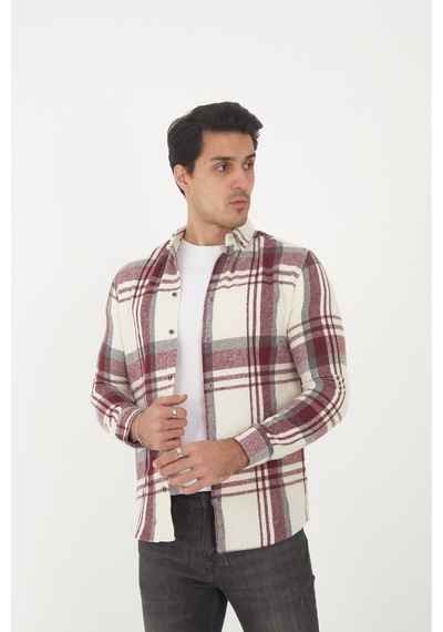 Mcz Giyim Erkek Uzun Kollu Slim Fit Dar Kesim Gömlek Yaka Dokuma Bordo Oduncu Gömlek