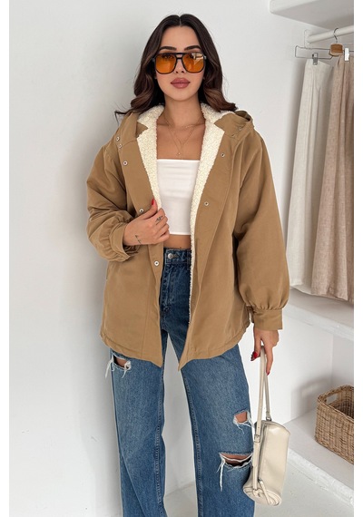 Kadın Peluş Astarlı Kapüşonlu Mont Winter Hug Bej