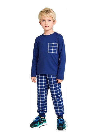Ersefa Erkek Çocuk Pamuk Polyester Örme Pijama Takımı Ekose Desenli Kali Lacivert