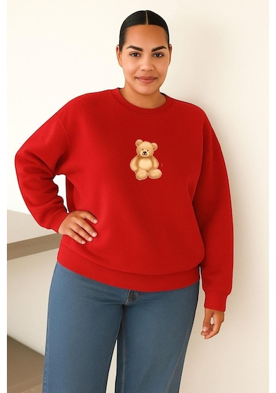 Benroma 3 İplik Penye Ayıcık Baskılı Büyük Beden Unisex Sweatshırt Kırmızı