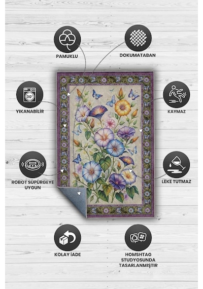 Homshtag Art Deco Gündüz Sefası Vintage Halı Görünümlü Dijital Baskı Renkli Halı Rustik Çiçekli Halı Çok Renkli