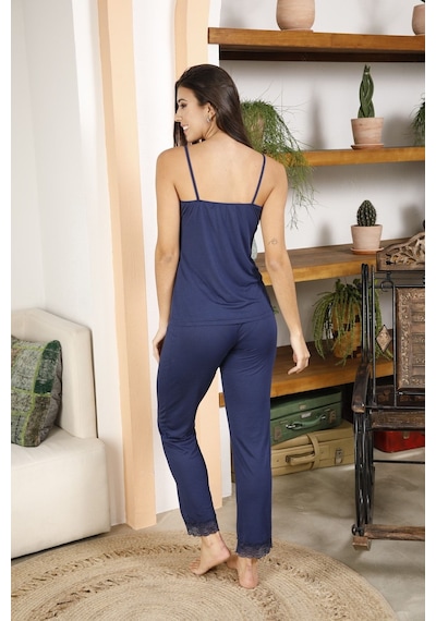 Myben Kadın Lacivert Ip Askılı Dantelli Pijama Takımı Lacivert