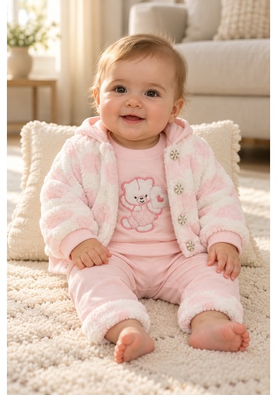 Ahengim Kız Bebek 3 Parça Takım Kapüşonlu Peluş Ceket Ayıcık Nakışlı Üst Ve Pantolon Ak2482 Pembe