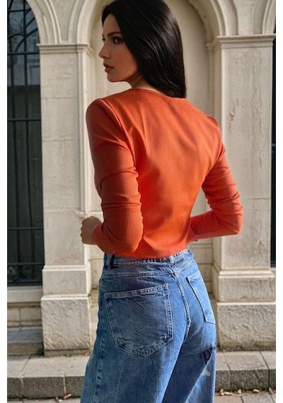 WeShaya Oranj, Crop, Fermuar Detaylı, Basic Bluz Oranj