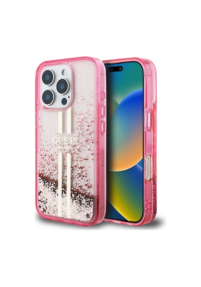 Apple Uyumlu iPhone 16 Pro Max Kılıf Guess Lisanslı Transparan Sıvılı Simli Altın Çizgili Kapak Pembe