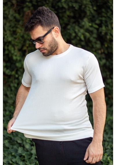 Azıcık Akıllı Erkek Beyaz Krep Kumaş Rahat Salaş Esnek Bisiklet Yaka T-shirt 23etshtarp 001
