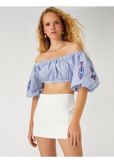 Koton Nakışlı Crop Bluz Omzu Açık Mavi Çizgili 2sak30116ew Mavi Çizgili