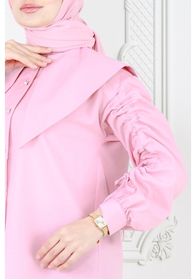 Sevitli Büyük Yaka Kolu Büzgü Detaylı Tunik-pembe-3862-pembe Pembe