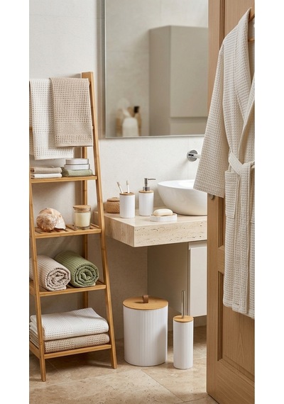 Makri Home 5 Parça Yuvarlak Banyo Seti, Bambu Kapaklı, Beyaz, Hacim: 7 Litre Beyaz