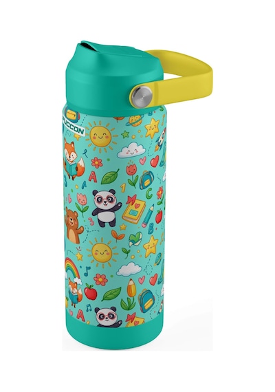 Puccon 540 Ml Sevimli Karakter Baskılı Yeşil Erkek Çocuk Pipetli Çelik Termos Matara/suluk - 60058