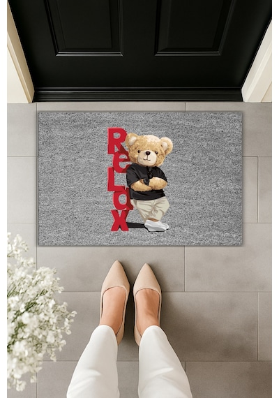 Rugmood Modern Dijital Baskı Paspas - Ayıcık Relax - Kapı Önü Paspası 70x45cm Gri