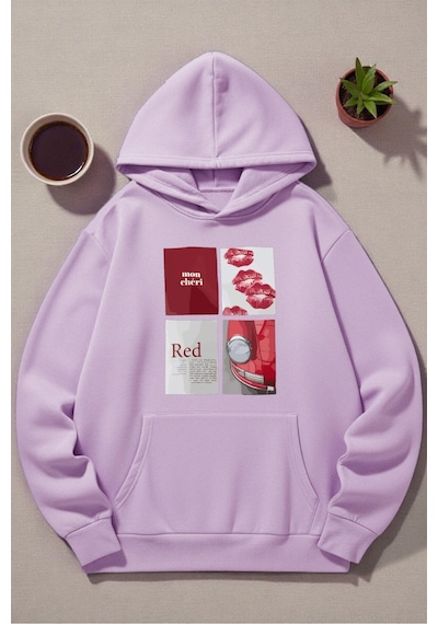 Uyguntarz Unisex Red Mon Cheri Baskılı Kapüşonlu Sweatshirt Lila