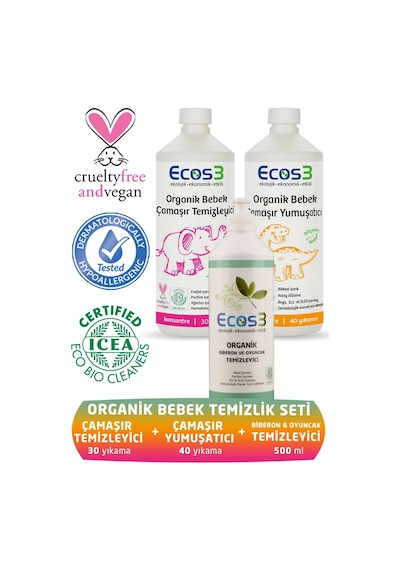Ecos3 Organik Bebek Temizlik Seti Çamaşır Temizleyici 1 L + Çamaşır Yumuşatıcı 1 L + Biberon & Oyuncak Temizleyici 500 ML