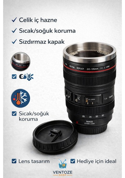 Fotoğrafçı Lensi Tasarımlı Kupa Bardak - Fotoğraf Makinesi Objektifi Görünümlü Çelik Termos Bardak -