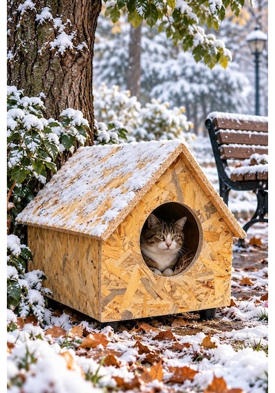 Reyo Yetişkin Kedi Evi Dış Ortama Uygun Ahşap Kedi Evi OSB, Kedi Barınağı 55x40x40 cm Kedi Yuvası CAT33