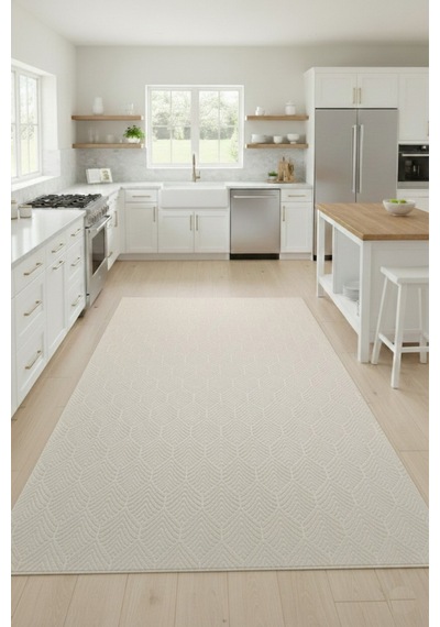 Raschel Carpet Premium Yıkanabilir Leke Tutmaz Yaprak Emboss Krem Mutfak Halısı Özel Seri Kaymaz Taban Halı Krem