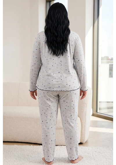 Siyah İnci Büyük Beden Battal Boy Örme Pijama Takım26240914 Gri Melanj