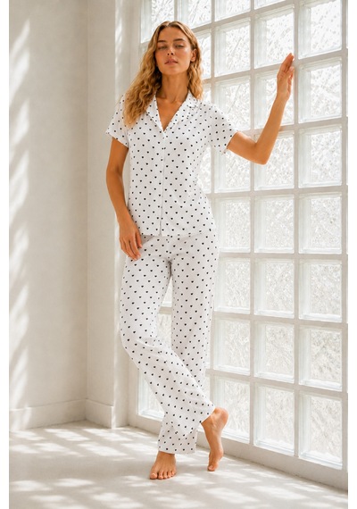 Kadın Genç Loose İpliği Boyalı Kar Beyaz Pijama Takımı
