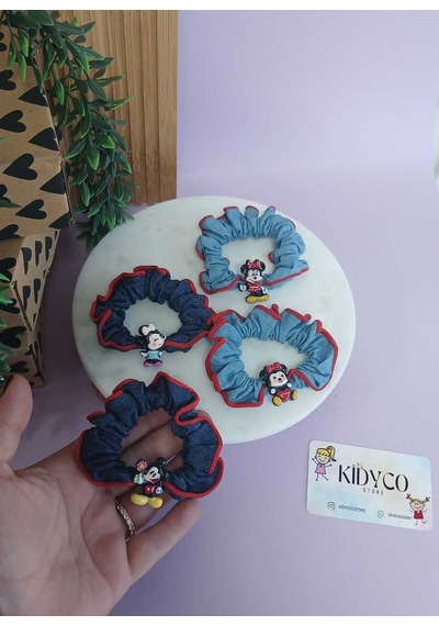 Mickey - Minnie Mouse Figürlü Denim Kumaş Lastik Toka 1 Adet Lacivert