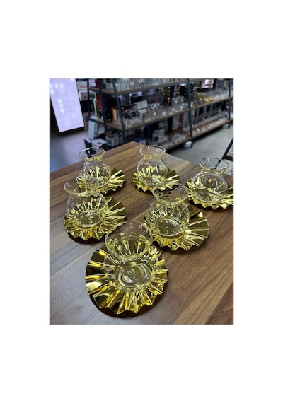 Metal Bardak Altlığı,cam Tiryaki Bardaklı Çay Seti,6 Kişilik12parça Çay Takımı,lüks,metal Çay Tabağı Gold