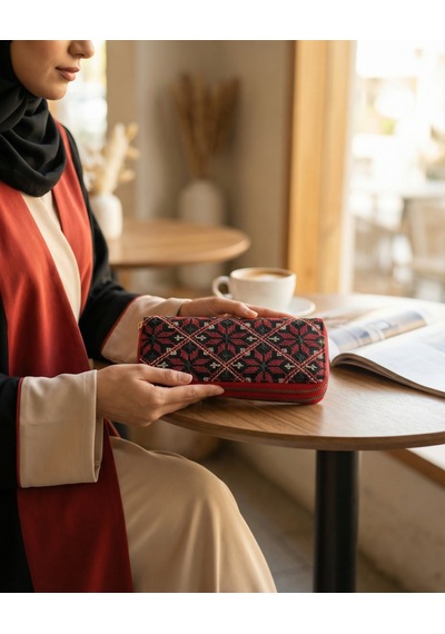 Zaytoon Filistin Geleneksel Renkli Kırmızı Nakışlı Çift Fermuarlı Kadın Büyük Cüzdeni 20x10 Cm A100027 Kirmizi