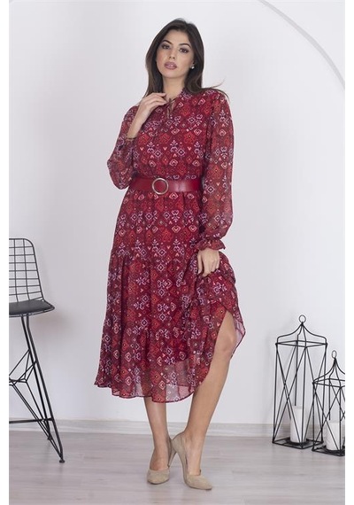 Dipmoda Kadın Astarlı Etnik Desenli Şifon Elbise Rsdp002 - Bordo Bordo