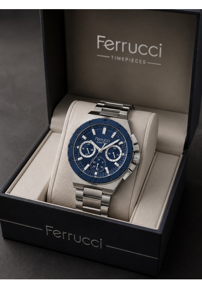Ferrucci Fc90726 Gümüş Renk Lacivert Kadran Spor Model Fonksiyonlu Çelik Erkek Kol Saati