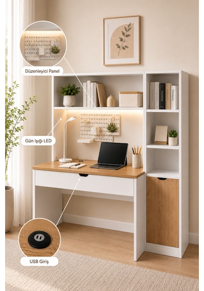 Bilgisayar Masası, Veni Ledli Usb Girişli Çalışma Masası Kitaplıklı Ceviz