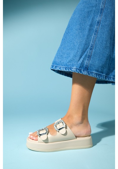 Luvishoes Luvi Shoes Preds Bej Taşlı Tokalı Çift Bantlı Kadın Terlik Bej