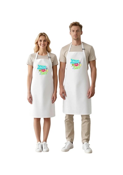 Erkek Unisex Mutfak Aşçı Önlüğü Retro Baskı Taze Lezzetli Tasarım Beyaz