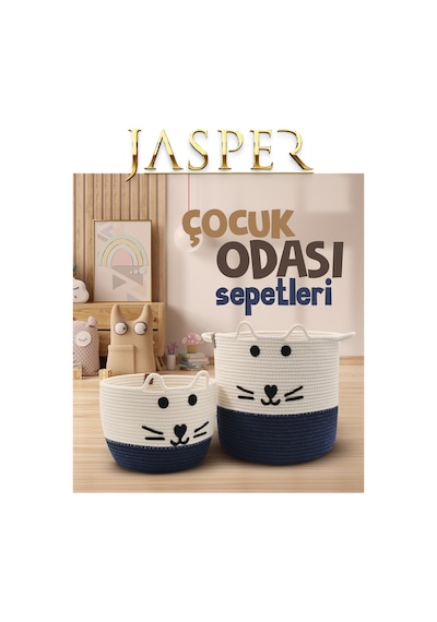 Jasper Lacivert İkili Jüt İp Kedi Tasarımlı Çok Amaçlı Çocuk Odası Oyuncak Kıyafet Kirli Sepeti Organizer Beyaz