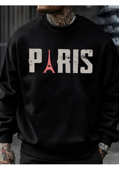 Startmore Tarzsokak Ünlü Paris Kulesi Desen Kazak Erkekler O-boyun Giysileri Sonbahar Polar Retro Kazak Gevşek Un Siyah