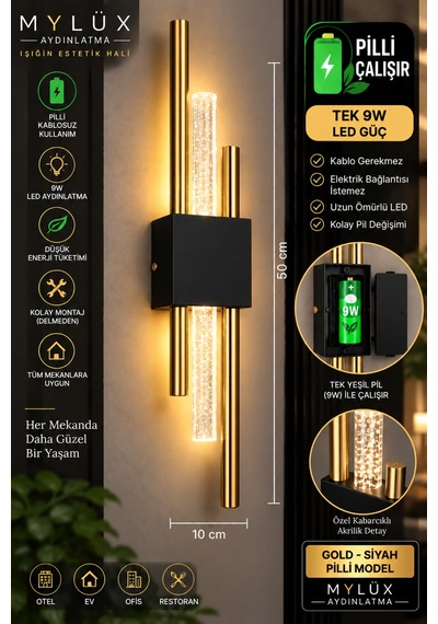 Mylüx Kabarcıklı Kirpi Aplik Gold Siyah Pilli Kablosuz 9w Led 50 Cm Modern Duvar Apliği Siyah Siyah