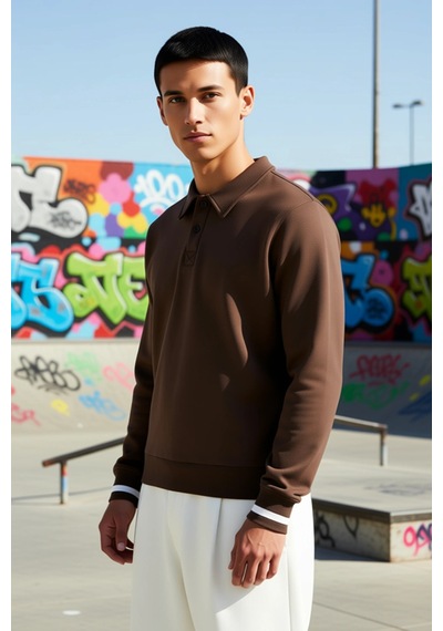 Benerly Erkek Polo Yaka Düğmeli Regular Kalıp Uzun Kollu Sweatshirt Fonks Kahverengi