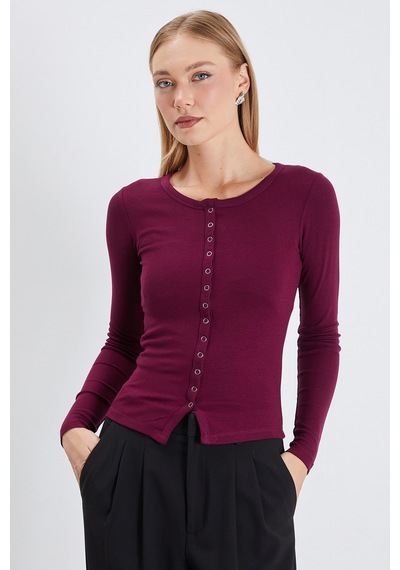 Fullamoda Önü Çıtçıtlı Ribanalı Slim Fit Bluz Mürdüm