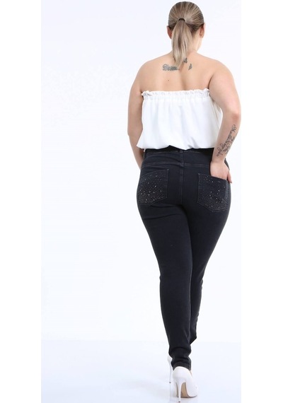 Myline Kadın Arka Cep Taş Baskı Denim Pantolon