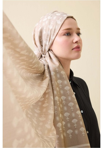 Imannoor Karanfil Monogram Bej İpek Şal 68x200 Beige