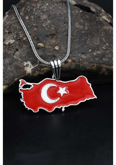 Türk Bayrağı Ay Yıldızlı Mineli 925 Ayar Gümüş Kolye Zincir 901119