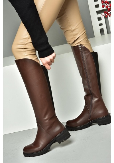 Fox Shoes N654032803 Kahverengi Hakiki Deri Alçak Topuklu Kadın Çizme Kahverengi