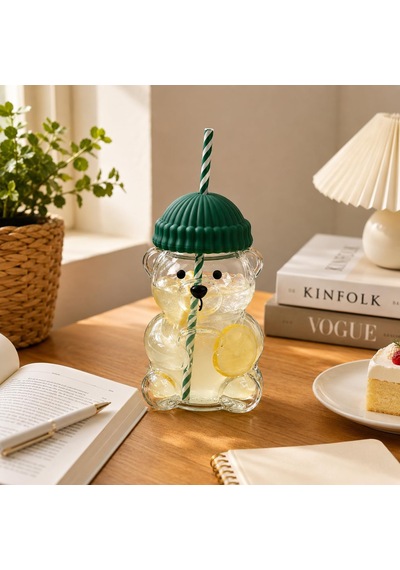 Orret Home 580 Ml Ayıcık Desenli Cam Bardak Pipetli Silikon Kapak Şeffaf Cam