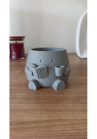3d Baskı Kitap Okuyan Saksı - Kupa Tutan Sevimli Saksı-gri Çok Renkli