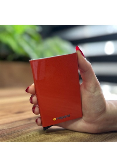Wrapsol Mekanizmalı Kartlık Rfid Korumalı Alüminyum Otomatik Mekanizmalı Kredi Kartlık Renkli Mat Kırmızı Metalik Nar Çiçeği Metalik Nar Çiçeği Narçiçeği