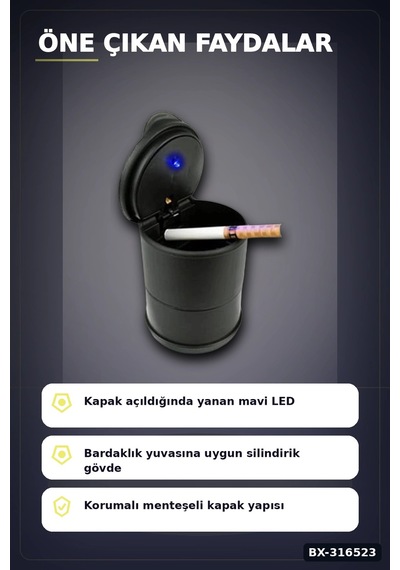 Araç İçi Sigara Küllüğü Led Işıklı Kapaklı Oto Bardaklık Uyumlu Kül Tablası Bx-316523