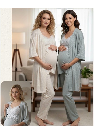 Bone Club Keten Penye Hamile Lohusa 3'lü Pijama Sabahlık Takım Yeşil