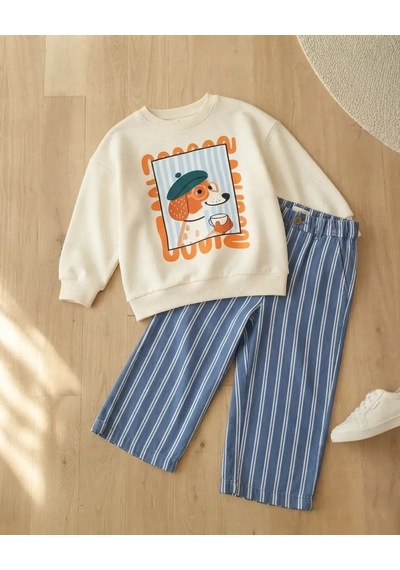 Kidsroom Çizgili Gabardin Pantolonlu Erkek Çocuk Takım Ekru