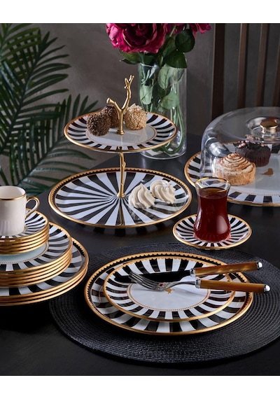 34 Parça Iwon Black Bird Altın Yaldızlı 6 Kişilik Pasta Çay Servis İkram Takımı-4797 Çok Renkli