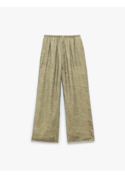 Koton Normal Bel Cepli Transparan Düz Geniş Paça Pantolon Haki Desenli 5sak40046ew Haki Desenli