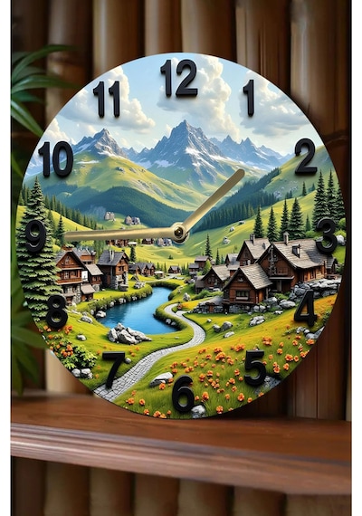 Alpine Dream Dağ Evleri Temalı Manzara Mdf Duvar Saati Sessiz Mekanizma Sdw222 Renkli