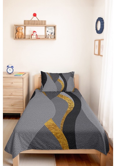 Gri Geometrik Modern Genç Odası Tek Kişilik Pike Takımı - Antrasit Gold 160x220 Cm Yatak Örtüsü Naif Anı Yumuşaklığı